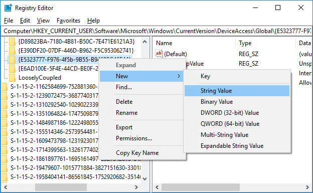 คลิกขวาที่ {E5323777-F976-4f5b-9B55-B94699C46E44} จากนั้นเลือก New และ String Value