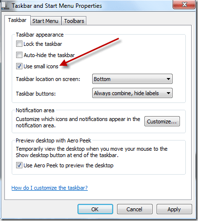 Usa icone piccole nella barra delle applicazioni di Windows 7