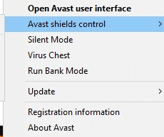 Maintenant, sélectionnez l'option de contrôle des boucliers Avast et vous pouvez temporairement désactiver Avast 