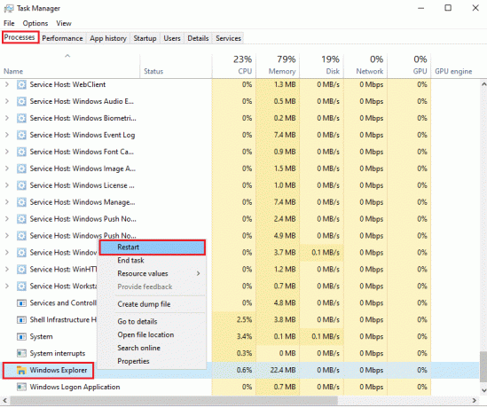 Kliknite pravým tlačidlom myši na prieskumníka Windows a vyberte možnosť reštartovať | Opravte, že tlačidlo Štart systému Windows 10 nefunguje