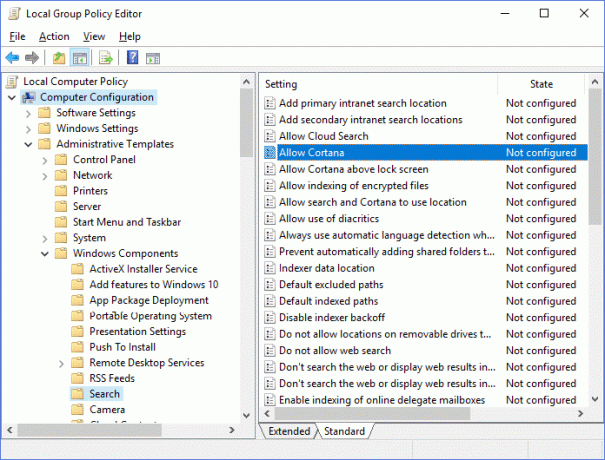 Eikite į „Windows“ komponentai, tada „Ieškoti“, tada spustelėkite „Leisti Cortana politiką“.