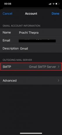 Érintse meg a Gmail SMTP-kiszolgáló elemet a KIMENŐ LEVELEK SZERVERE alatt | engedélyezze az SSL-t iPhone-on