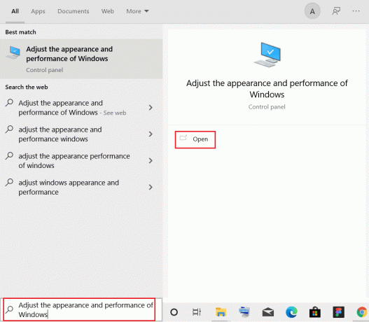 Windowsキーを押して、「Windowsの外観とパフォーマンスを調整する」と入力し、[Windows検索バーで開く]をクリックします。