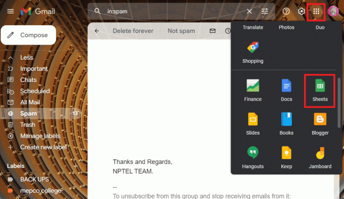 Klik på Google Apps-ikonet, og klik på indstillingen Sheets