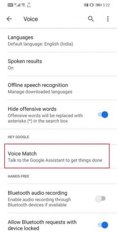 Hei Google -välilehdeltä löydät Voice Match -vaihtoehdon. Klikkaa sitä