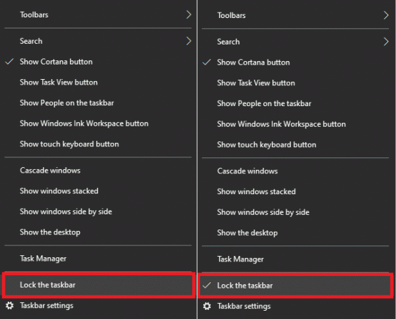 फिर दोबारा, टास्कबार के रिक्त क्षेत्र पर कहीं भी राइट-क्लिक करें। राइट-क्लिक मेनू से टास्कबार विकल्प को लॉक करें पर क्लिक करें।