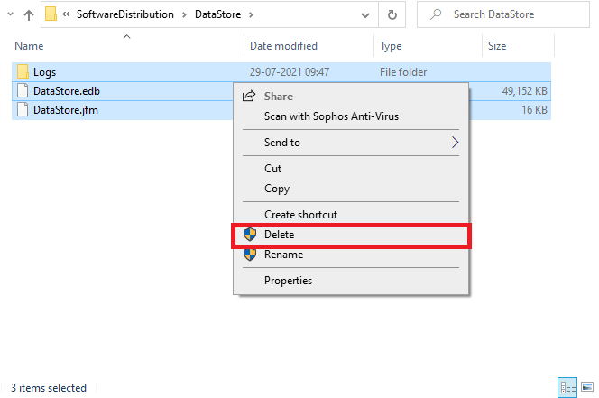 selectați opțiunea Ștergere pentru a elimina toate fișierele și folderele din locația DataStore. Remediați eroarea de actualizare Windows 10 0x800f0831