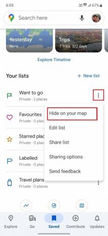 अपने मानचित्र पर छिपाएँ का चयन करें | Google मानचित्र ने स्थानों की सूची सहेजी