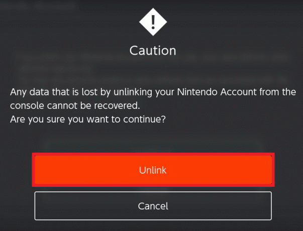 klik op de optie Ontkoppelen om het proces voor het ontkoppelen van het account te bevestigen | Nintendo-account ontkoppelen van Switch