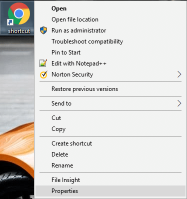 Klik nu met de rechtermuisknop op het Chrome-pictogram en selecteer vervolgens Eigenschappen.