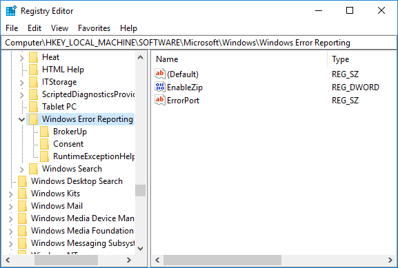 נווט אל דיווח שגיאות של Windows בעורך הרישום