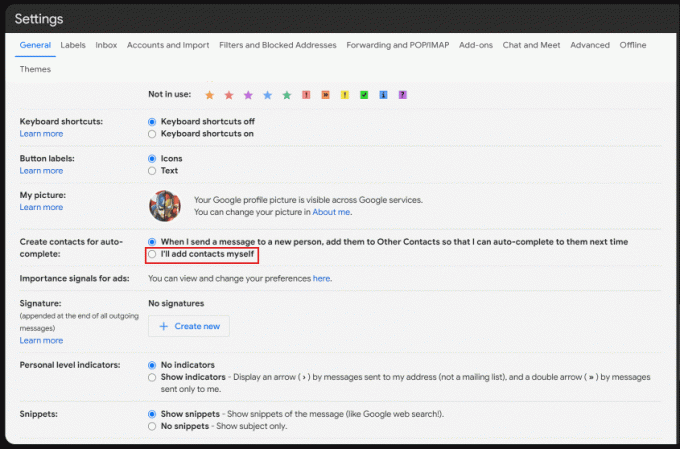 Vieritä alas ja napsauta Lisään yhteystiedot itse Luo yhteystiedot automaattista täydennystä varten -vaihtoehdon vieressä. | Sähköpostiosoitteiden poistaminen Gmailin automaattisesta täytöstä Androidissa | poista sähköpostiehdotukset Gmail-sovelluksesta