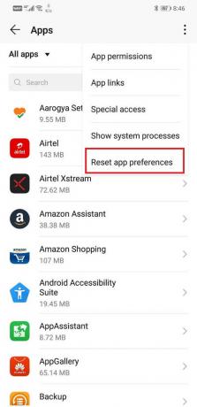 Pilih opsi Setel ulang preferensi aplikasi dari menu tarik-turun | Perbaiki kesalahan Aplikasi tidak terpasang di Android