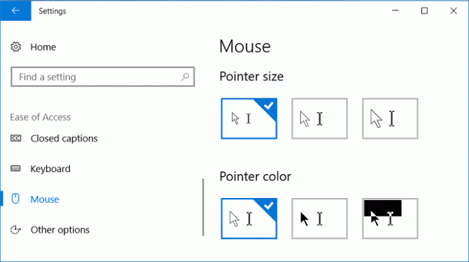 왼쪽 메뉴에서 마우스를 선택한 다음 적절한 포인터 크기와 포인터 색상을 선택합니다.