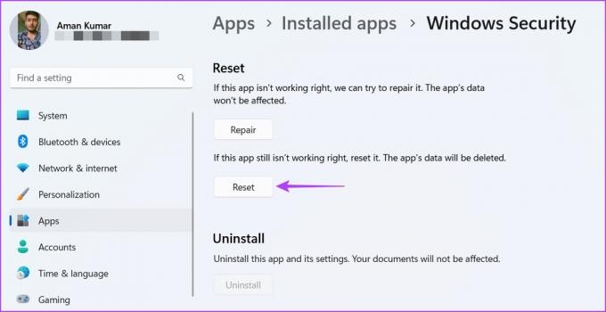 Opción de reinicio para restablecer la aplicación de seguridad de Windows