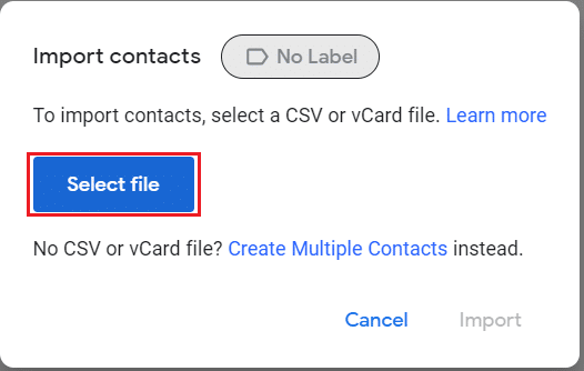velg filen du vil importere i Google-kontakter