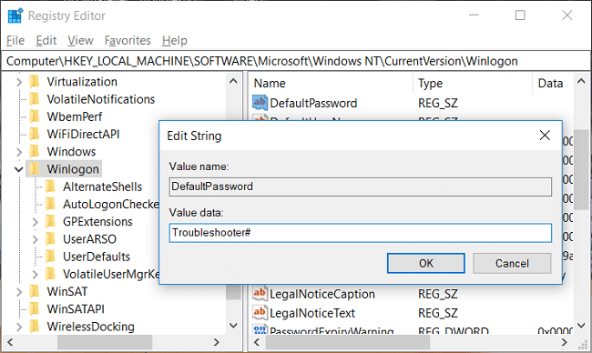 Doppelklicken Sie auf DefaultPassword und geben Sie dann das Passwort des obigen Benutzerkontos ein | Automatisch beim Benutzerkonto in Windows 10 anmelden