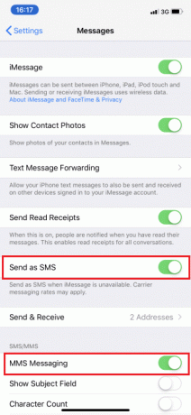 Bakstelėkite slankiklį „Siųsti kaip SMS“ ir „MMS pranešimai“, kad jis taptų žalias