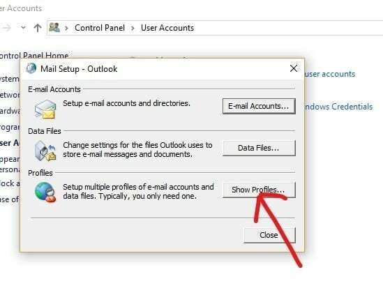 Klicken Sie unter Mail-Setup – Outlook auf Profile anzeigen | Beschädigte Outlook-Datendateien reparieren
