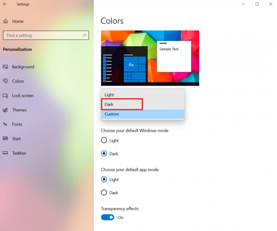 აირჩიეთ მუქი ფერის თემის პერსონალიზაციის პარამეტრები. შეასწორეთ File Explorer მუქი თემა, რომელიც არ მუშაობს Windows 10-ზე