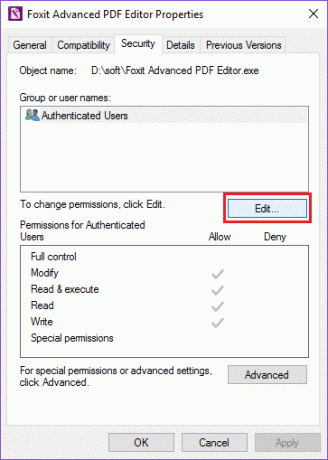 cliquez sur modifier dans l'onglet sécurité sous les propriétés de configuration