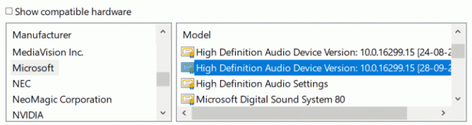 Válassza ki a Microsoft illesztőprogramot (High Definition Audio Device)