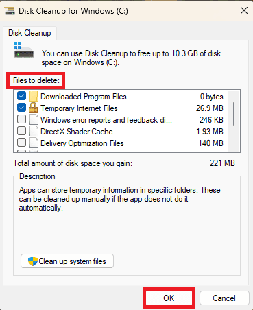 Under Filer som skal slettes, velg filen du vil slette og trykk på ok. 