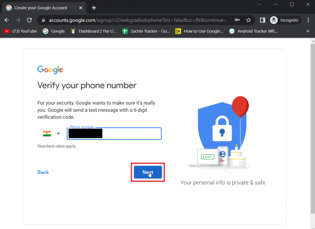 Unesite telefonski broj kako bi Google potvrdio vaš identitet i kliknite Dalje