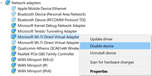 Microsoft Wi-Fi Direct 가상 어댑터를 마우스 오른쪽 버튼으로 클릭하고 사용 안 함을 선택합니다.