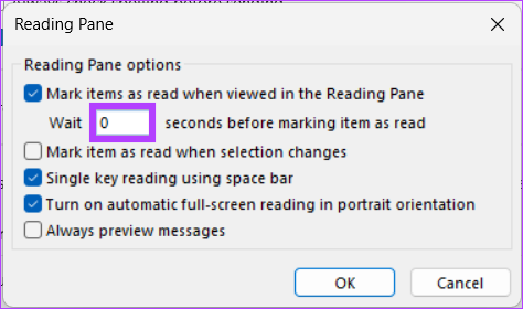 Въведете 0 в „Изчакайте _ секунди, преди да маркирате елементите като прочетени“.