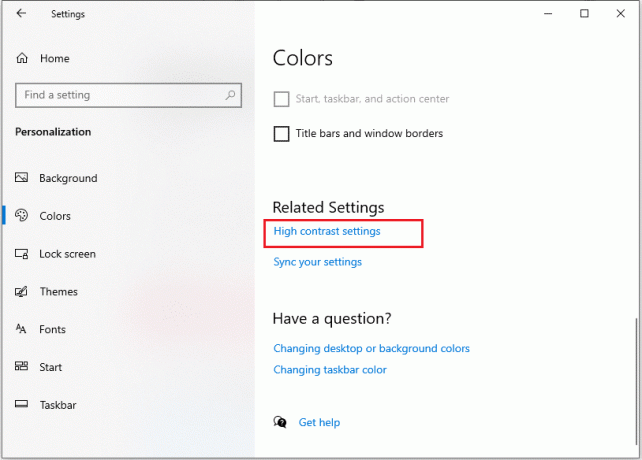 ορίστε την επιλογή " Ρυθμίσεις υψηλής αντίθεσης". | Διορθώστε το μαύρο φόντο της επιφάνειας εργασίας στα Windows 10