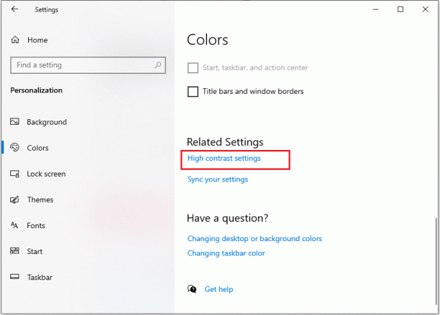 izberite možnost »Nastavitve visokega kontrasta«. | Popravite črno ozadje namizja v sistemu Windows 10