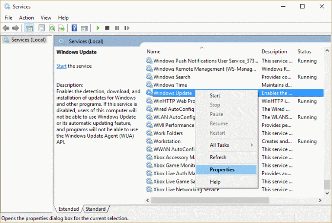 Højreklik på Windows Update-tjenesten og vælg Egenskaber i vinduet Service