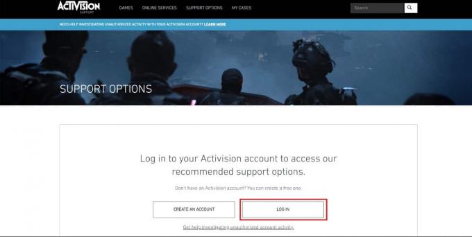 Zaloguj się na swoje konto Activision, klikając przycisk Zaloguj.