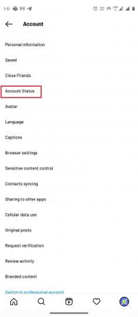 Hesap Durumu üzerine dokunun. Instagram yorum hatasını düzeltin