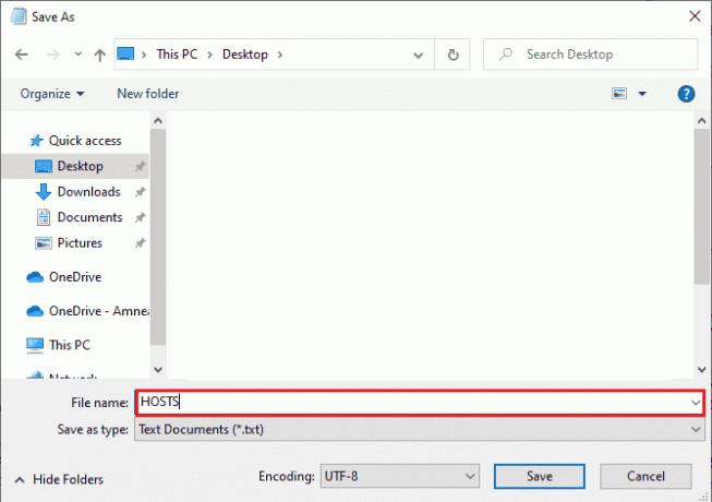 salva il file come Host sul desktop. Correggi l'errore di origine 65546: 0 in Windows 10