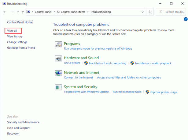 haga clic en la opción Ver todo en el panel izquierdo del menú Solución de problemas en el Panel de control