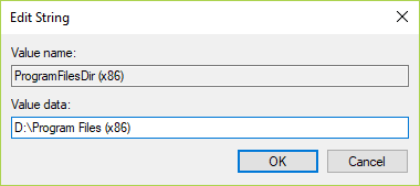 Wenn Sie eine 64-Bit-Version von Windows haben, müssen Sie auch den Pfad in DWORD ProgramFilesDir (x86) an derselben Stelle ändern | So ändern Sie das Standardinstallationsverzeichnis in Windows 10