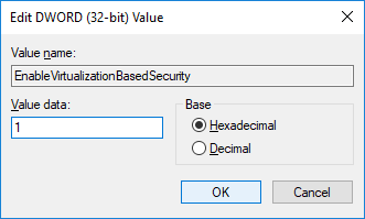 Para ativar a segurança baseada em virtualização, altere o valor de DWORD para 1
