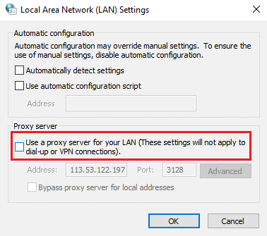 fjern markeringen ved brug en proxyserver til din LAN-indstilling
