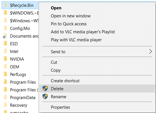 Faceți clic dreapta pe folderul $RECYCLE.BIN și selectați Delete