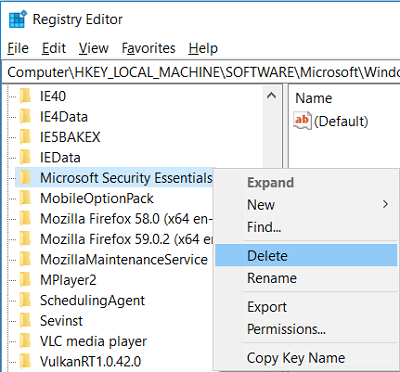 Klikněte pravým tlačítkem na Microsoft Security Essentials a vyberte Odstranit