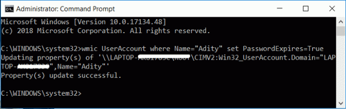 wmic UserAccount unde NameUsername setează PasswordExpiresTrue | Activați sau dezactivați expirarea parolei în Windows 10