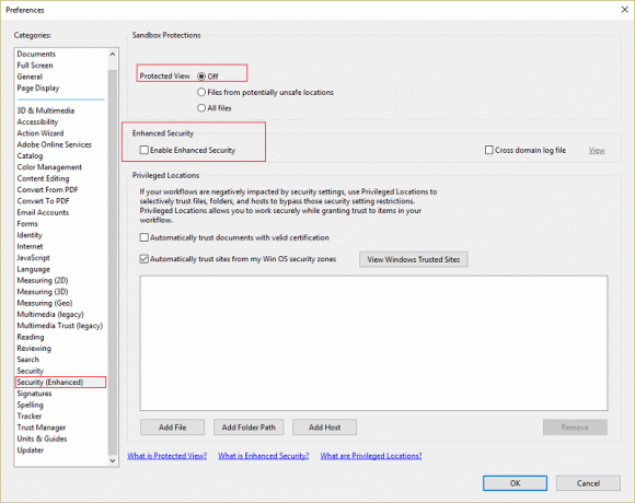 قم بإلغاء تحديد Enable Enhanced Security and Protected View مضبوط على Off