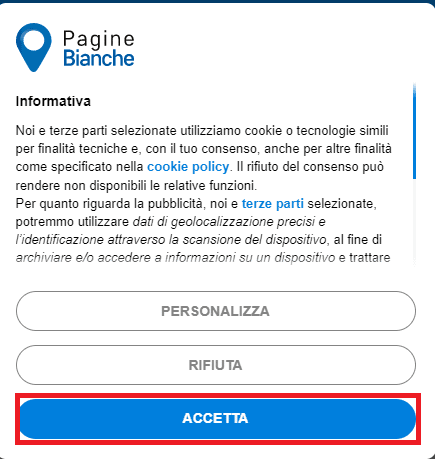Öppna PagineBianche-webbplatsen och klicka på ACCETTA-knappen 