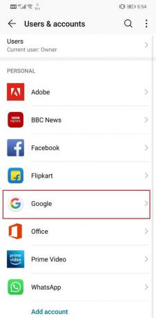 Selecteer in de gegeven lijst met accounts Google | Fix Google Agenda synchroniseert niet op Android
