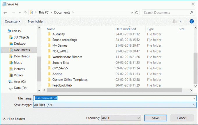 Vnesite mseremoval.bat, nato izberite Vse datoteke iz spustnega menija shrani kot vrsto in kliknite Shrani