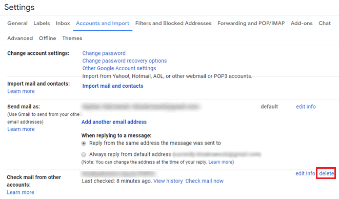 Iz bloka Preveri e-pošto iz drugega računa izbrišite svoj stari Gmailov račun