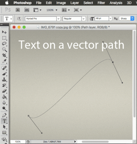 Photoshop teksta vektora ceļa beigu punkts