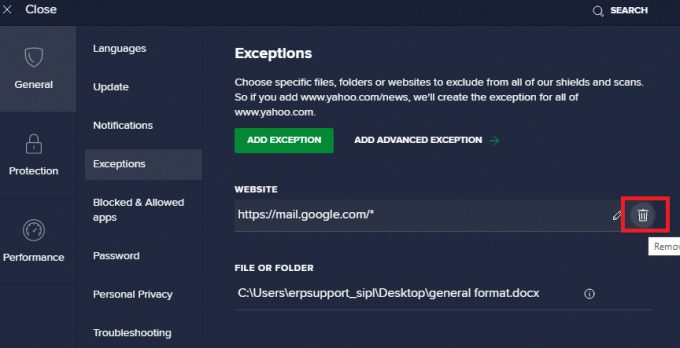 Als u de URL van de witte lijst van Avast wilt verwijderen, plaatst u de muisaanwijzer in het hoofdvenster van Instellingen op uw URL en klikt u op het prullenbakpictogram. Fix Firefox-verbinding reset fout